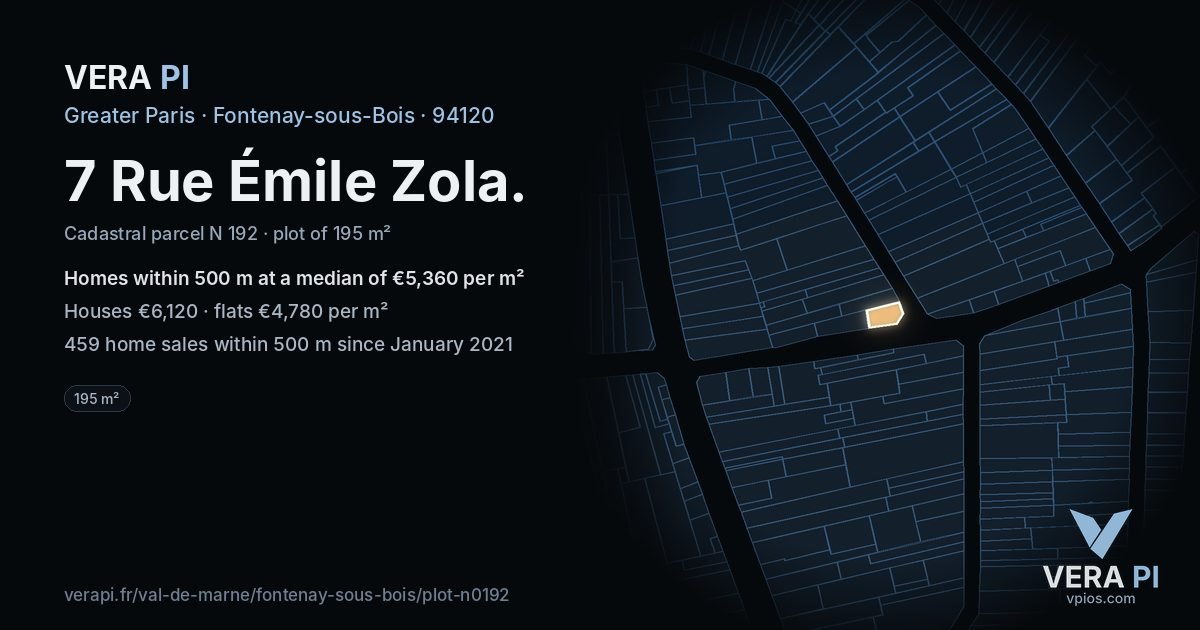 7 Rue Émile Zola, Fontenay-sous-Bois at night – the plot lit, the parcels around coloured by the prices near them