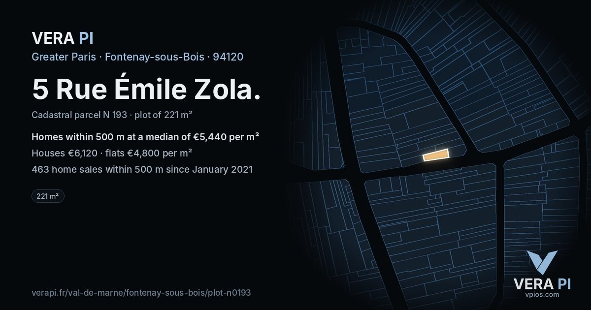 5 Rue Émile Zola, Fontenay-sous-Bois at night – the plot lit, the parcels around coloured by the prices near them