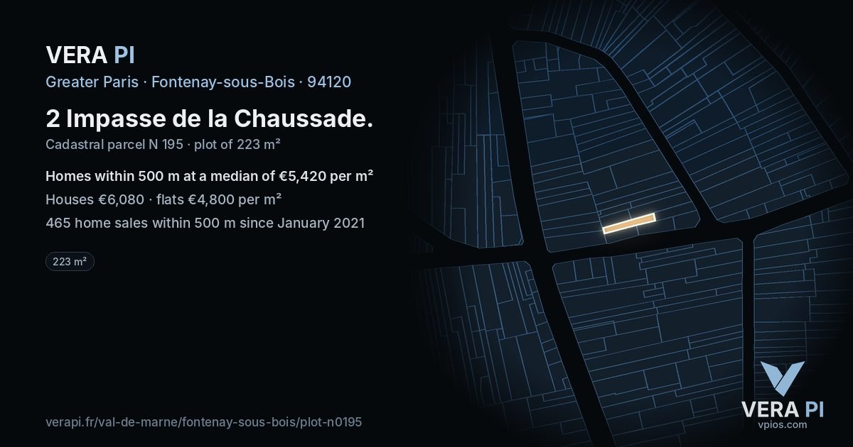 2 Impasse de la Chaussade, Fontenay-sous-Bois at night – the plot lit, the parcels around coloured by the prices near them