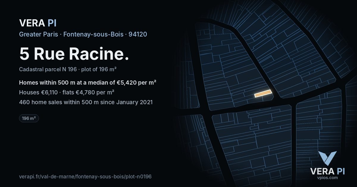 5 Rue Racine, Fontenay-sous-Bois at night – the plot lit, the parcels around coloured by the prices near them