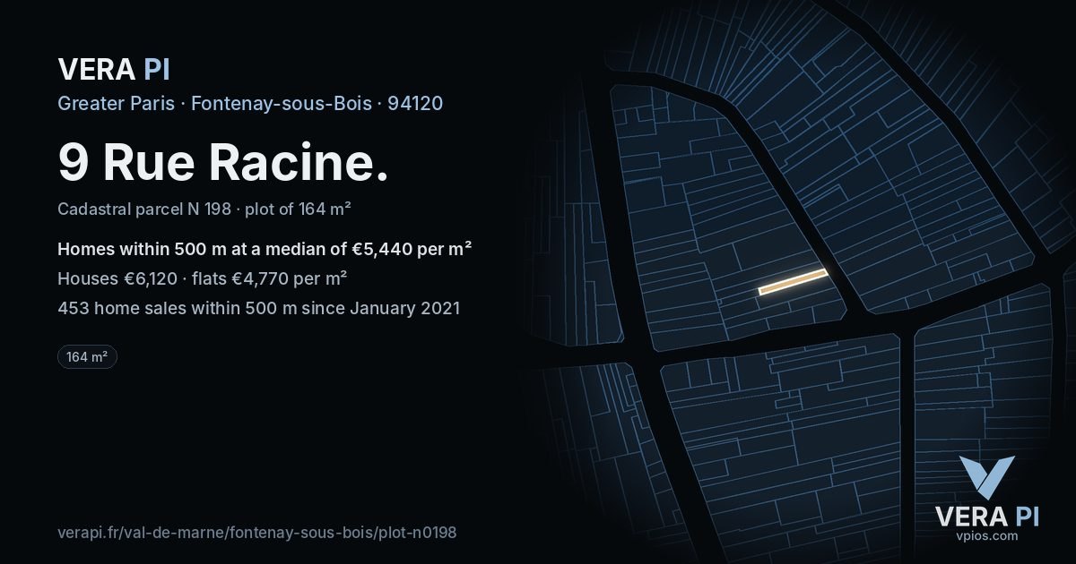 9 Rue Racine, Fontenay-sous-Bois at night – the plot lit, the parcels around coloured by the prices near them