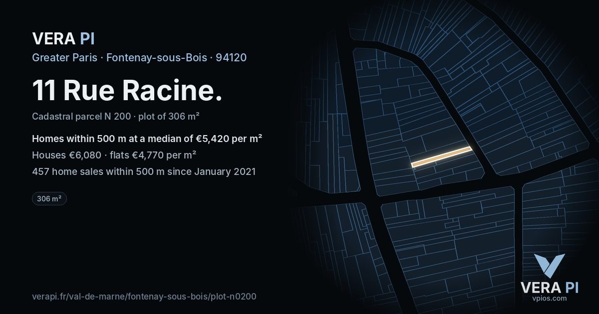 11 Rue Racine, Fontenay-sous-Bois at night – the plot lit, the parcels around coloured by the prices near them