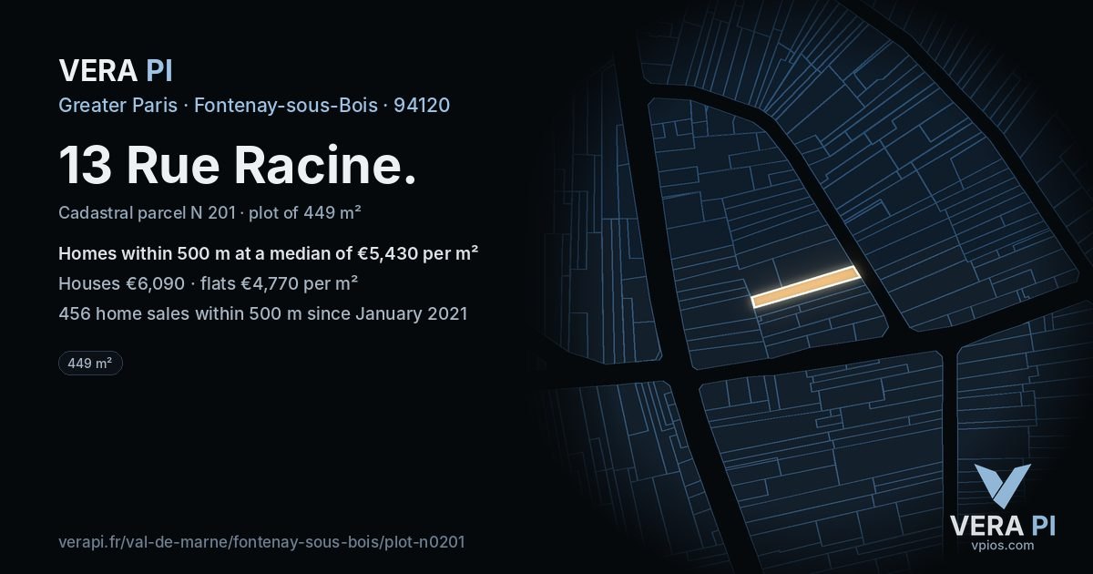 13 Rue Racine, Fontenay-sous-Bois at night – the plot lit, the parcels around coloured by the prices near them