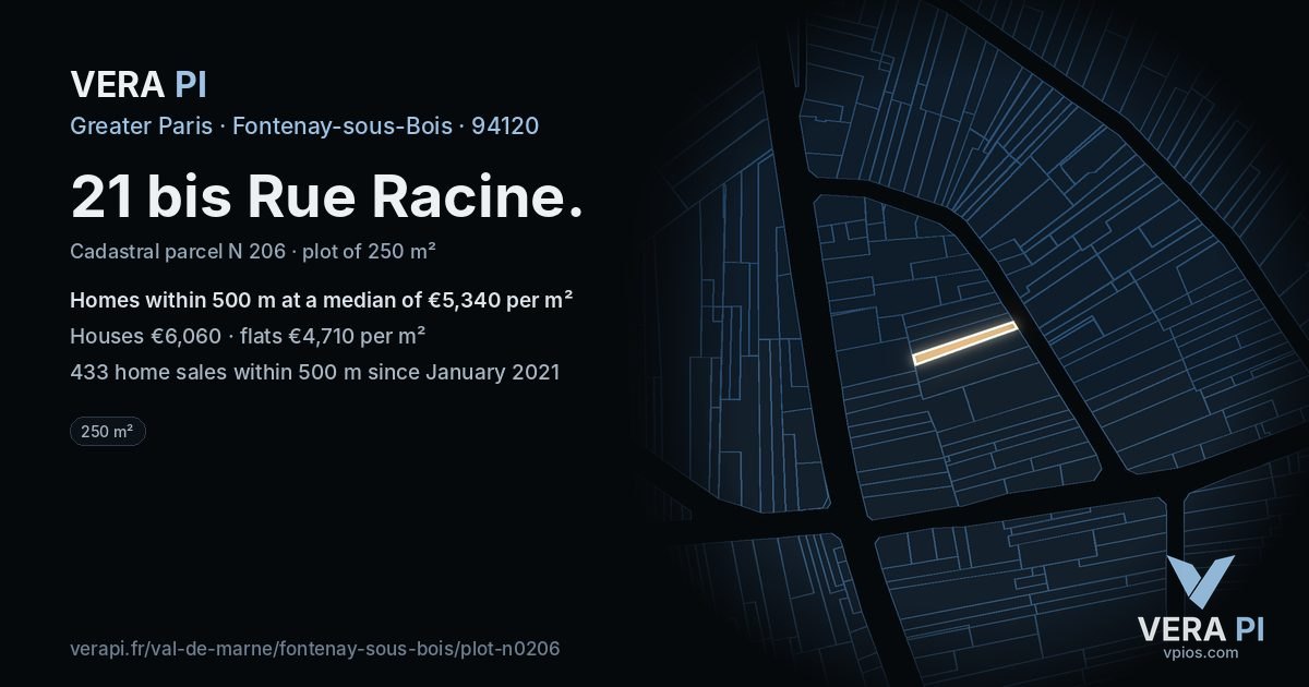 21 bis Rue Racine, Fontenay-sous-Bois at night – the plot lit, the parcels around coloured by the prices near them