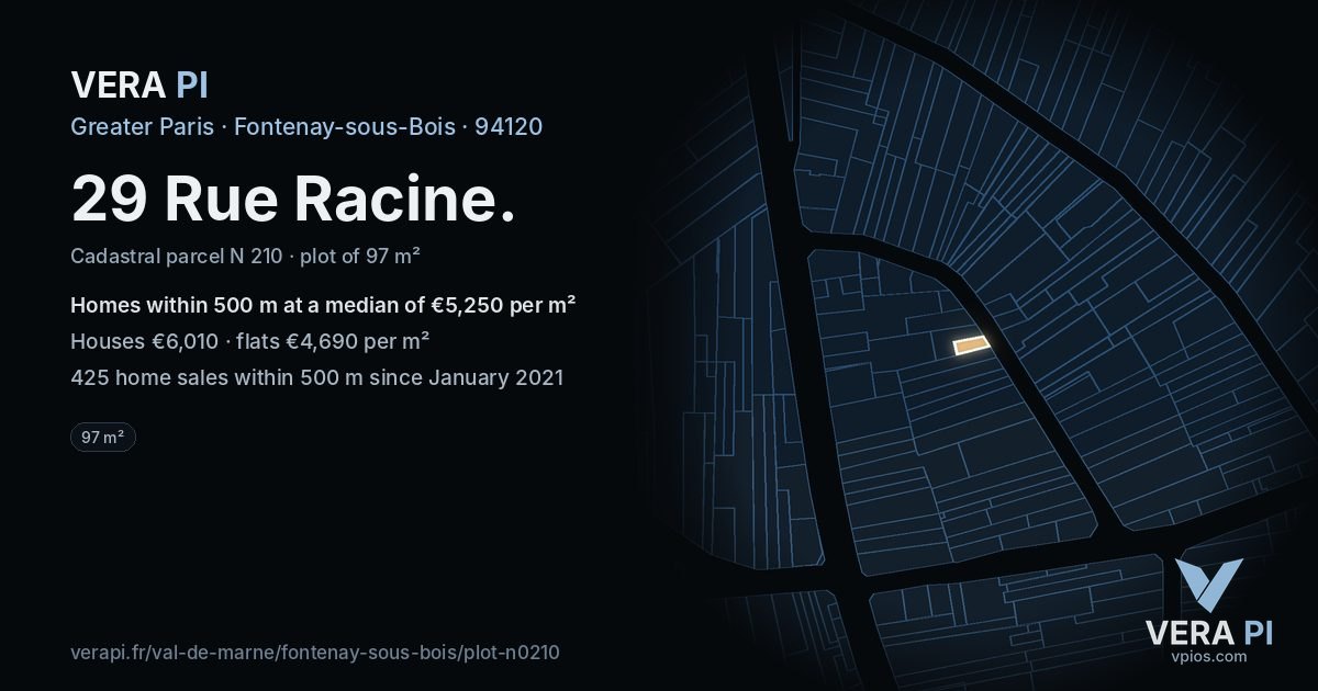 29 Rue Racine, Fontenay-sous-Bois at night – the plot lit, the parcels around coloured by the prices near them