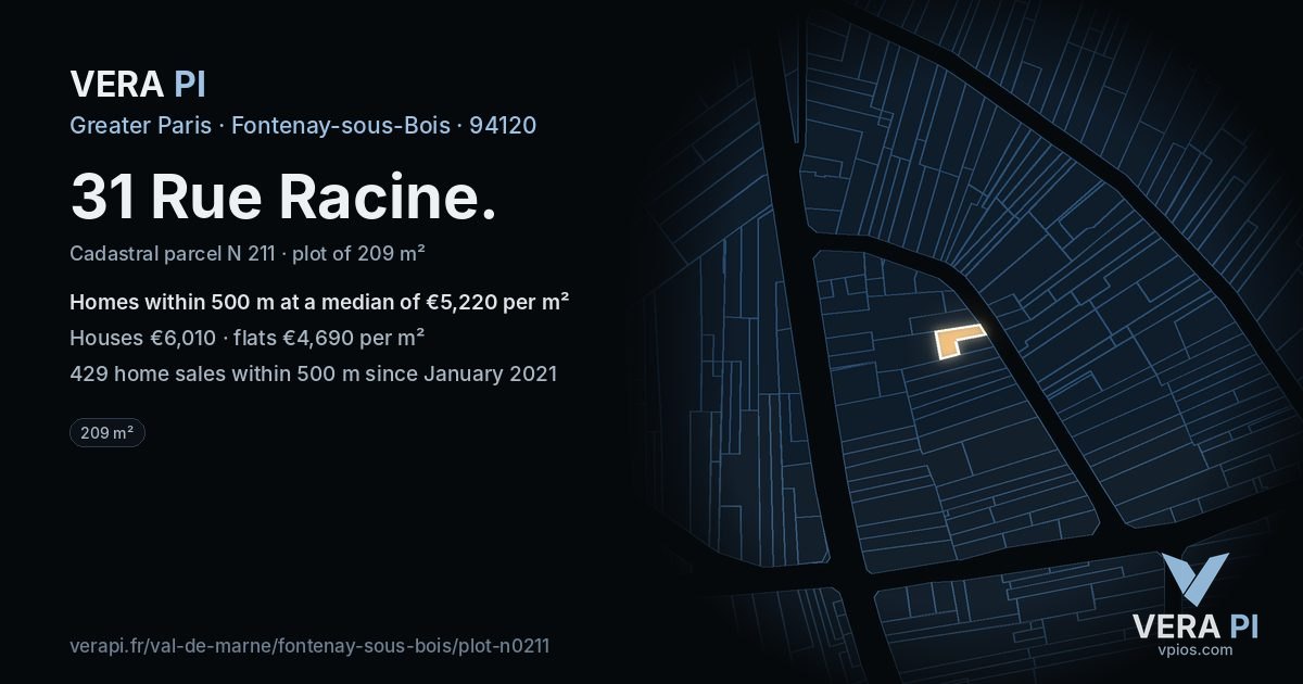 31 Rue Racine, Fontenay-sous-Bois at night – the plot lit, the parcels around coloured by the prices near them