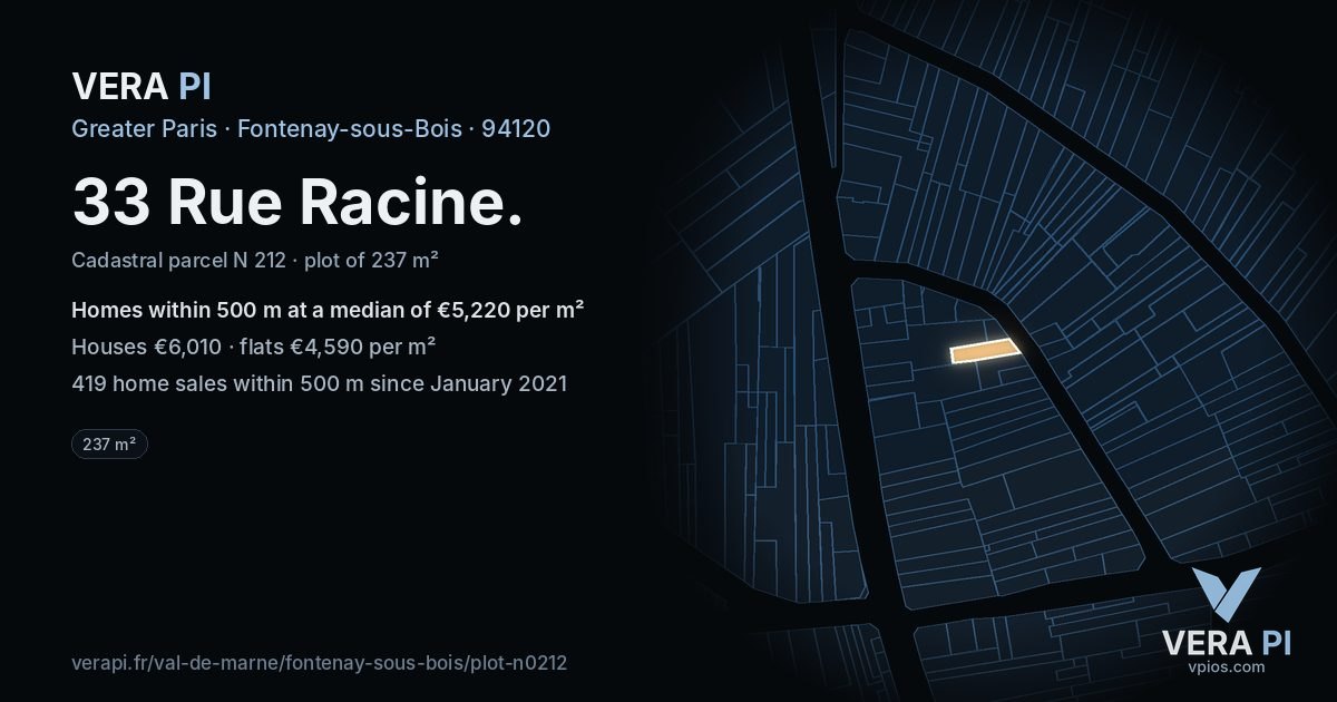 33 Rue Racine, Fontenay-sous-Bois at night – the plot lit, the parcels around coloured by the prices near them