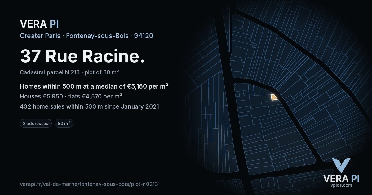 37 Rue Racine, Fontenay-sous-Bois at night – the plot lit, the parcels around coloured by the prices near them