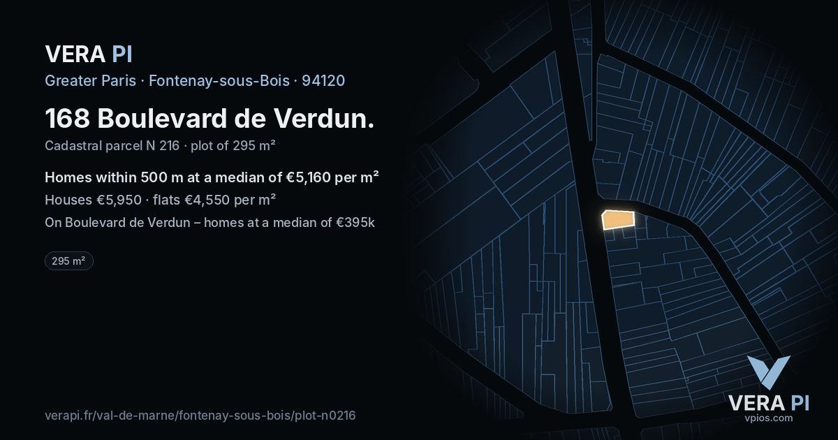 168 Boulevard de Verdun, Fontenay-sous-Bois at night – the plot lit, the parcels around coloured by the prices near them