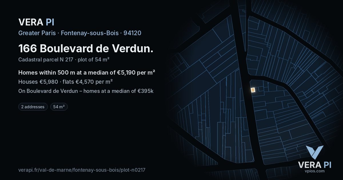 166 Boulevard de Verdun, Fontenay-sous-Bois at night – the plot lit, the parcels around coloured by the prices near them