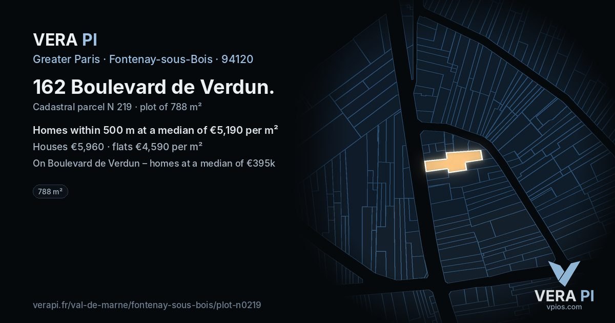 162 Boulevard de Verdun, Fontenay-sous-Bois at night – the plot lit, the parcels around coloured by the prices near them
