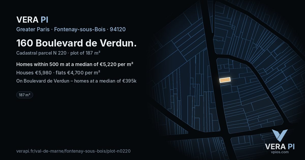 160 Boulevard de Verdun, Fontenay-sous-Bois at night – the plot lit, the parcels around coloured by the prices near them