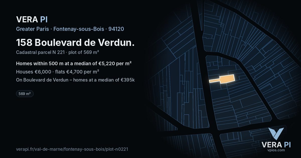 158 Boulevard de Verdun, Fontenay-sous-Bois at night – the plot lit, the parcels around coloured by the prices near them