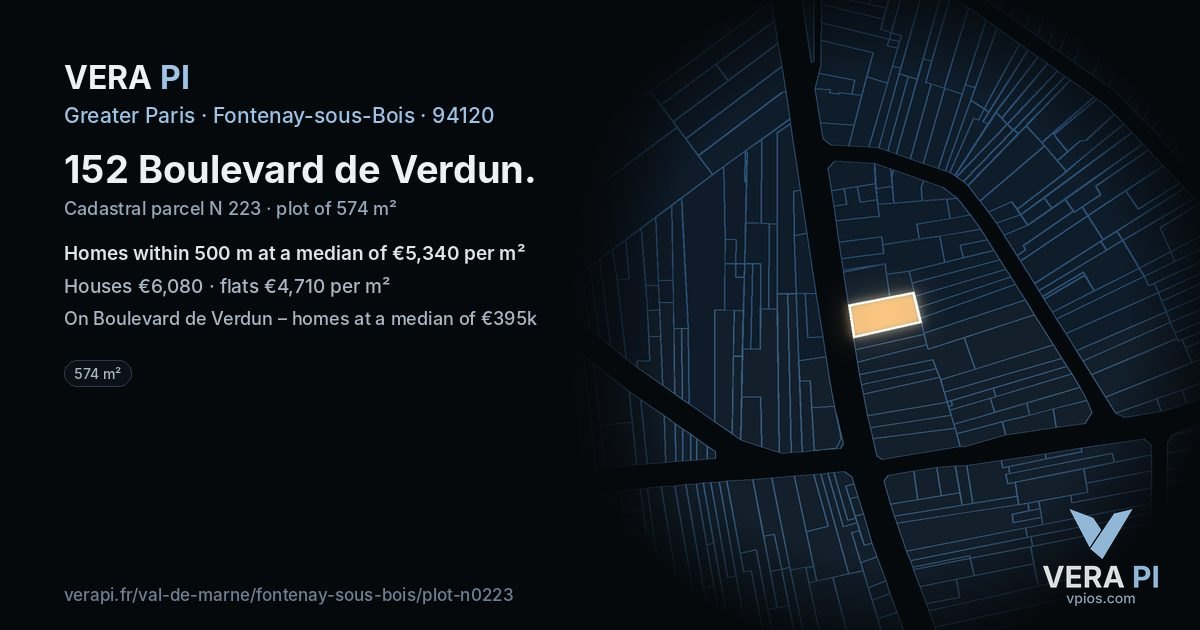152 Boulevard de Verdun, Fontenay-sous-Bois at night – the plot lit, the parcels around coloured by the prices near them