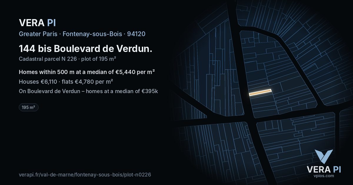 144 bis Boulevard de Verdun, Fontenay-sous-Bois at night – the plot lit, the parcels around coloured by the prices near them