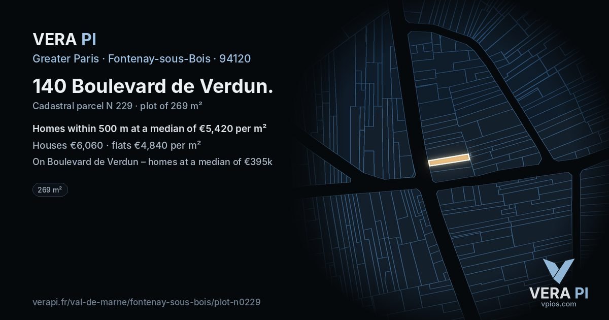 140 Boulevard de Verdun, Fontenay-sous-Bois at night – the plot lit, the parcels around coloured by the prices near them