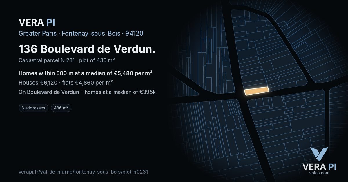 136 Boulevard de Verdun, Fontenay-sous-Bois at night – the plot lit, the parcels around coloured by the prices near them