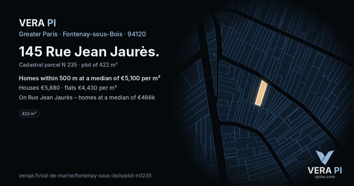 145 Rue Jean Jaurès, Fontenay-sous-Bois at night – the plot lit, the parcels around coloured by the prices near them