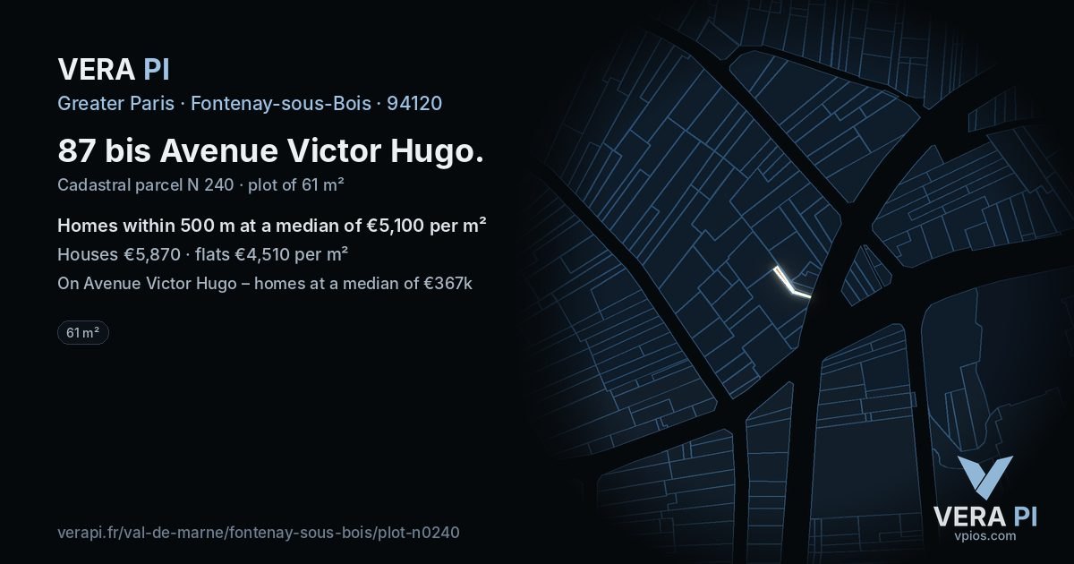 87 bis Avenue Victor Hugo, Fontenay-sous-Bois at night – the plot lit, the parcels around coloured by the prices near them