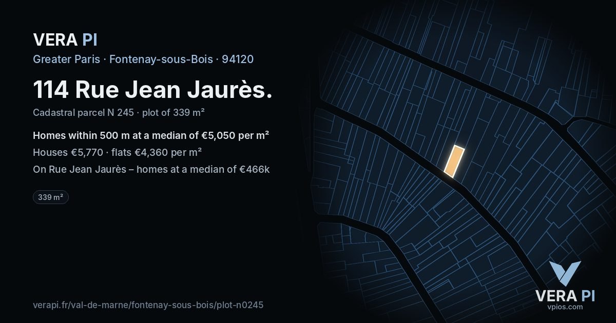 114 Rue Jean Jaurès, Fontenay-sous-Bois at night – the plot lit, the parcels around coloured by the prices near them
