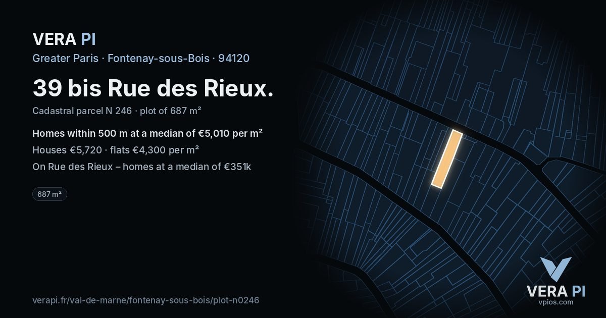 39 bis Rue des Rieux, Fontenay-sous-Bois at night – the plot lit, the parcels around coloured by the prices near them