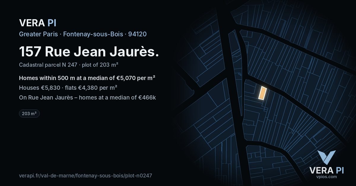 157 Rue Jean Jaurès, Fontenay-sous-Bois at night – the plot lit, the parcels around coloured by the prices near them