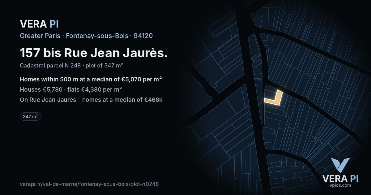 157 bis Rue Jean Jaurès, Fontenay-sous-Bois at night – the plot lit, the parcels around coloured by the prices near them