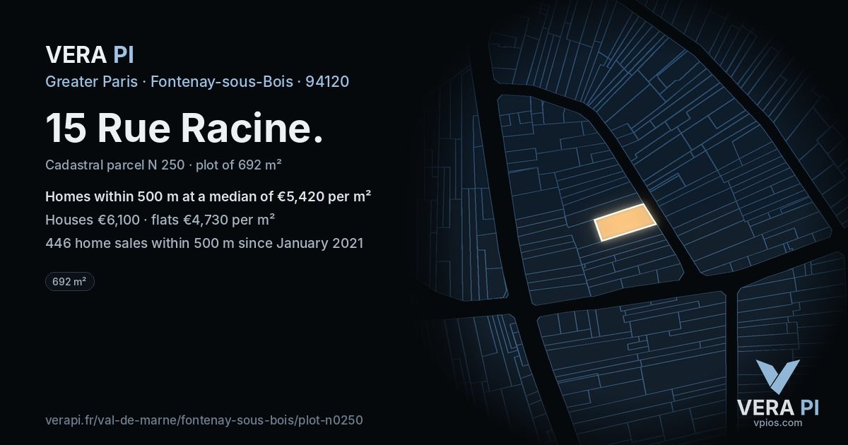 15 Rue Racine, Fontenay-sous-Bois at night – the plot lit, the parcels around coloured by the prices near them