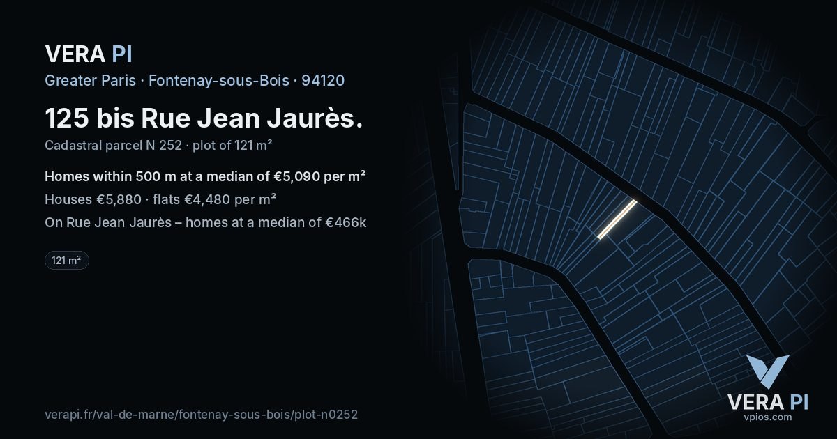 125 bis Rue Jean Jaurès, Fontenay-sous-Bois at night – the plot lit, the parcels around coloured by the prices near them