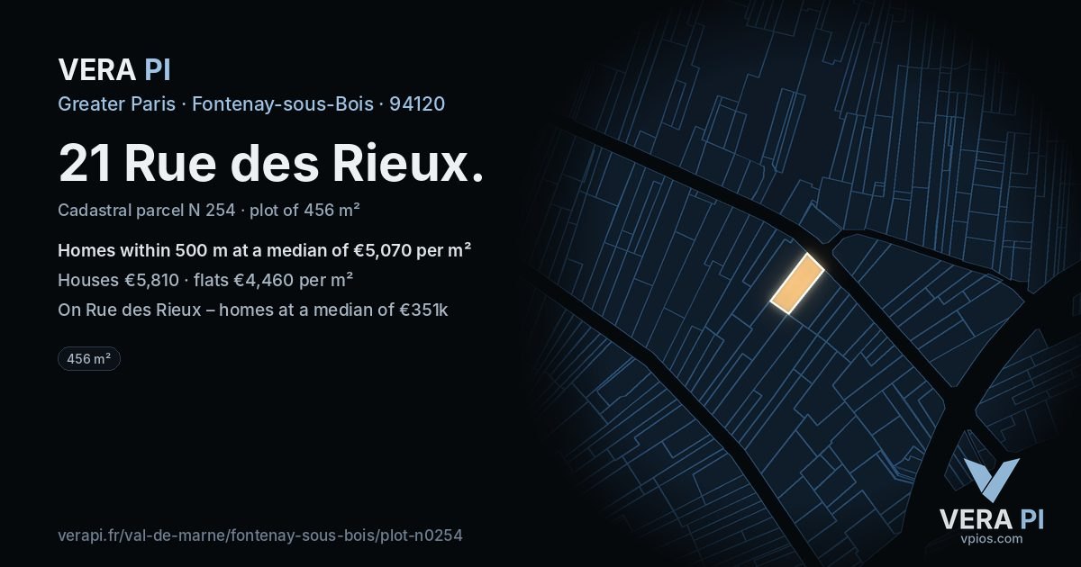 21 Rue des Rieux, Fontenay-sous-Bois at night – the plot lit, the parcels around coloured by the prices near them