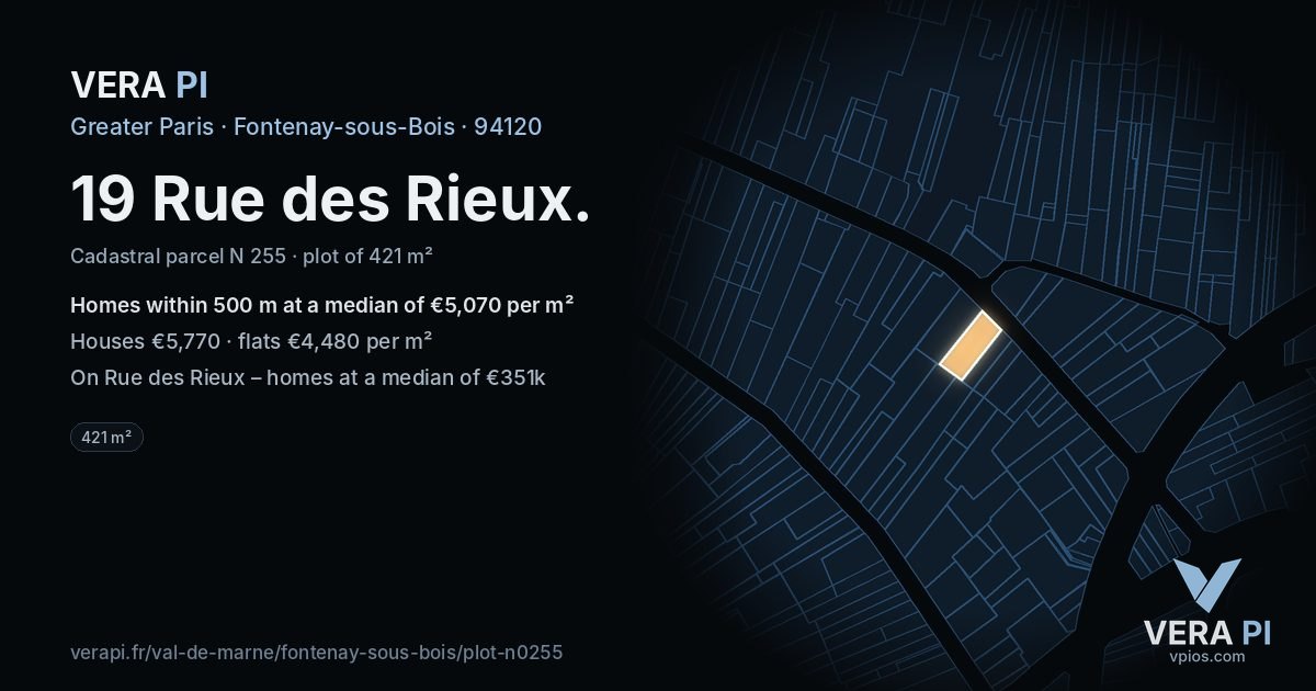 19 Rue des Rieux, Fontenay-sous-Bois at night – the plot lit, the parcels around coloured by the prices near them
