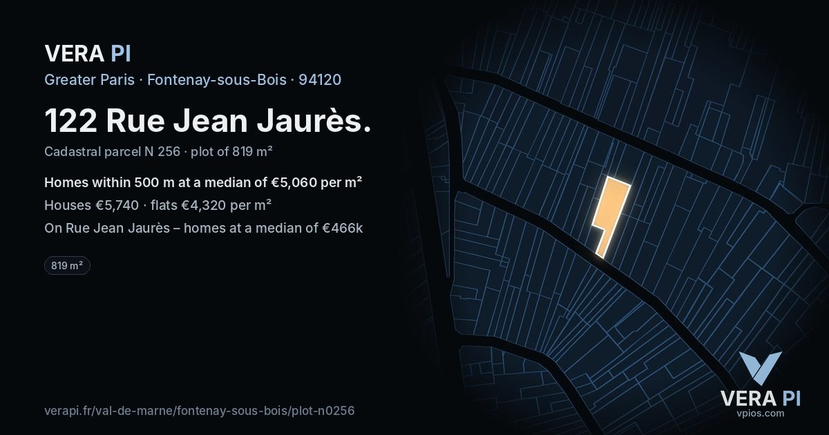 122 Rue Jean Jaurès, Fontenay-sous-Bois at night – the plot lit, the parcels around coloured by the prices near them