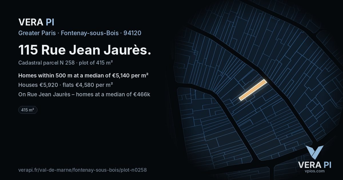 115 Rue Jean Jaurès, Fontenay-sous-Bois at night – the plot lit, the parcels around coloured by the prices near them