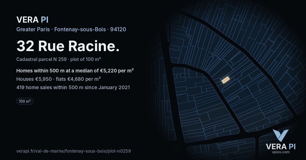 32 Rue Racine, Fontenay-sous-Bois at night – the plot lit, the parcels around coloured by the prices near them