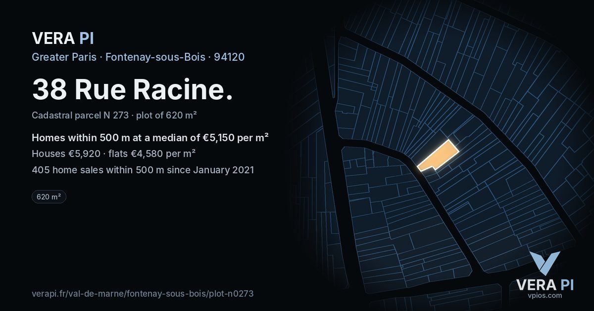 38 Rue Racine, Fontenay-sous-Bois at night – the plot lit, the parcels around coloured by the prices near them