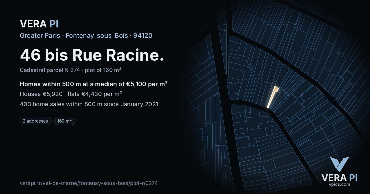 46 bis Rue Racine, Fontenay-sous-Bois at night – the plot lit, the parcels around coloured by the prices near them