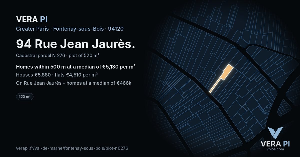 94 Rue Jean Jaurès, Fontenay-sous-Bois at night – the plot lit, the parcels around coloured by the prices near them