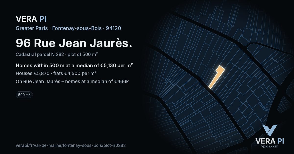 96 Rue Jean Jaurès, Fontenay-sous-Bois at night – the plot lit, the parcels around coloured by the prices near them