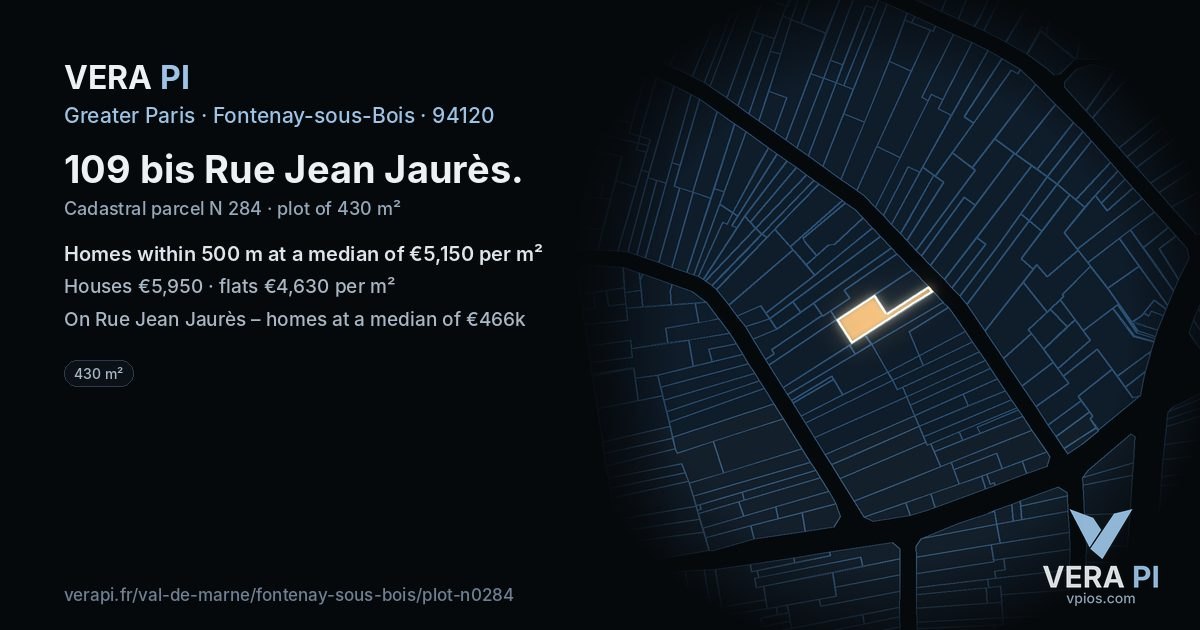 109 bis Rue Jean Jaurès, Fontenay-sous-Bois at night – the plot lit, the parcels around coloured by the prices near them