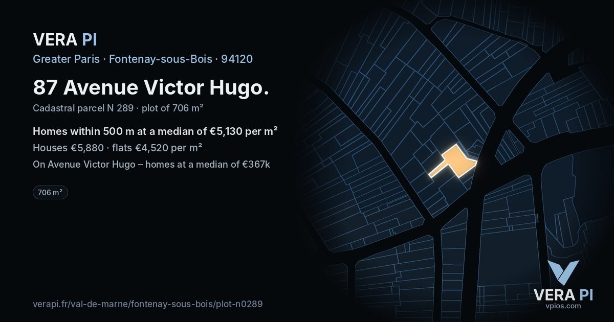 87 Avenue Victor Hugo, Fontenay-sous-Bois at night – the plot lit, the parcels around coloured by the prices near them