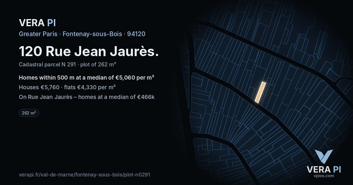 120 Rue Jean Jaurès, Fontenay-sous-Bois at night – the plot lit, the parcels around coloured by the prices near them