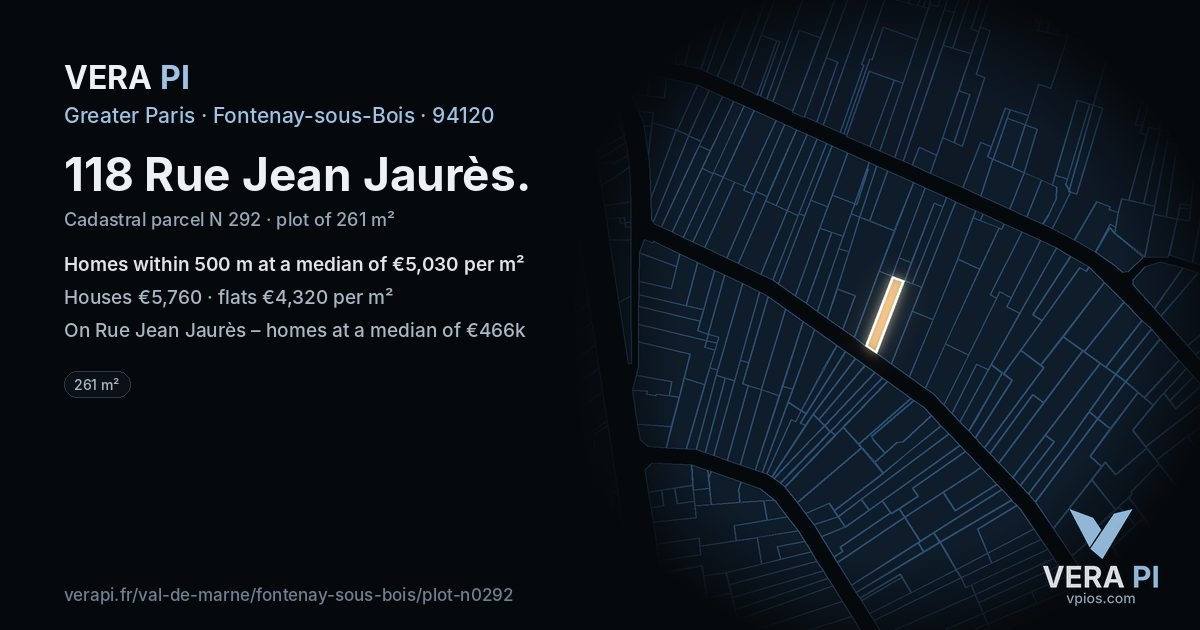 118 Rue Jean Jaurès, Fontenay-sous-Bois at night – the plot lit, the parcels around coloured by the prices near them