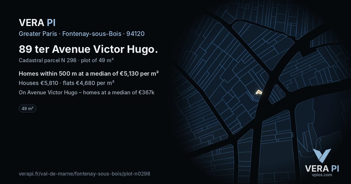 89 ter Avenue Victor Hugo, Fontenay-sous-Bois at night – the plot lit, the parcels around coloured by the prices near them