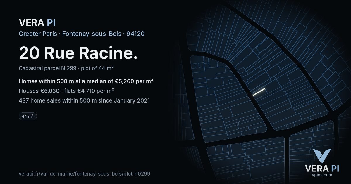 20 Rue Racine, Fontenay-sous-Bois at night – the plot lit, the parcels around coloured by the prices near them