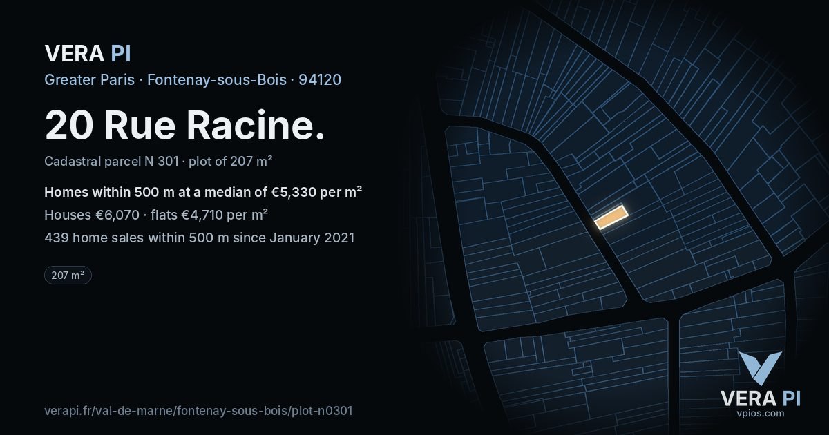 20 Rue Racine, Fontenay-sous-Bois at night – the plot lit, the parcels around coloured by the prices near them