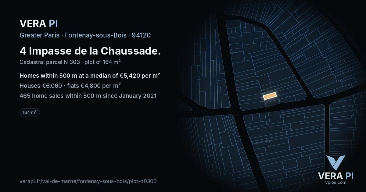 4 Impasse de la Chaussade, Fontenay-sous-Bois at night – the plot lit, the parcels around coloured by the prices near them