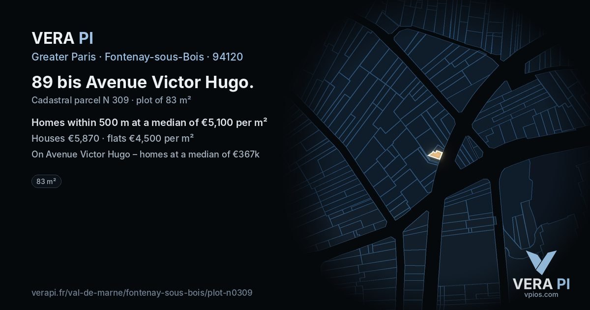 89 bis Avenue Victor Hugo, Fontenay-sous-Bois at night – the plot lit, the parcels around coloured by the prices near them