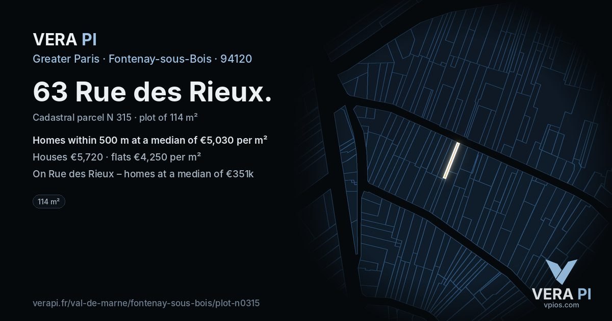 63 Rue des Rieux, Fontenay-sous-Bois at night – the plot lit, the parcels around coloured by the prices near them