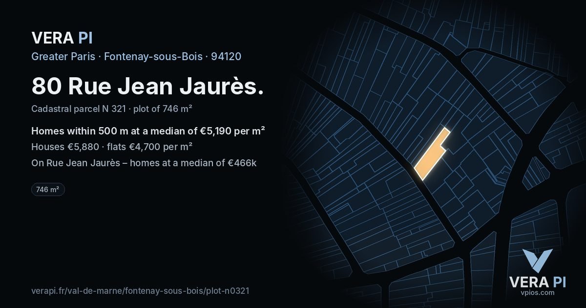 80 Rue Jean Jaurès, Fontenay-sous-Bois at night – the plot lit, the parcels around coloured by the prices near them