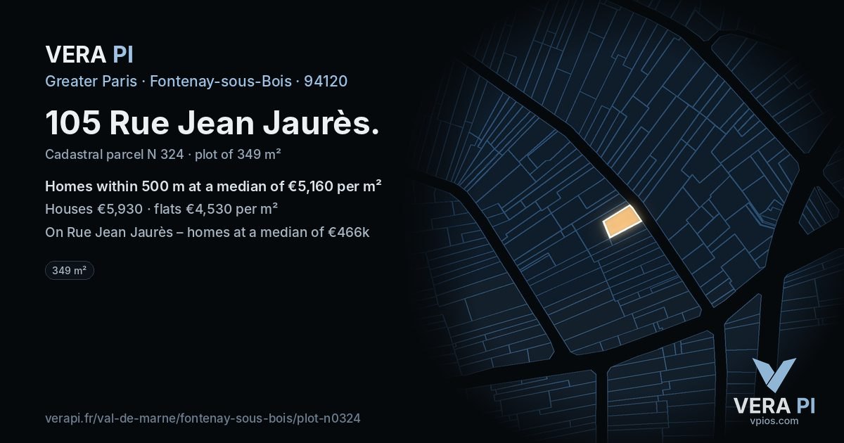 105 Rue Jean Jaurès, Fontenay-sous-Bois at night – the plot lit, the parcels around coloured by the prices near them